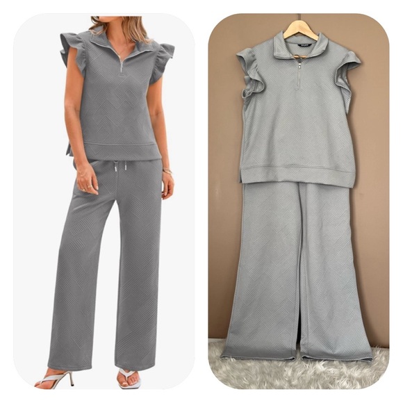 BTFBM Pants - {BTFBM} Lounge & Travel Set with Ruffle Cap Sleeve Pullover Top & Wide Leg Pants